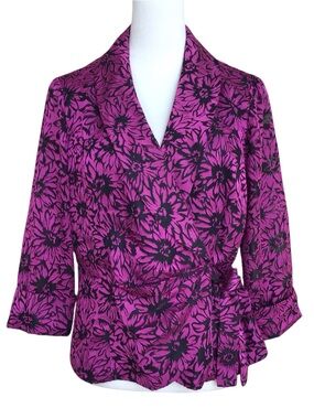 Onyx Pink Black Floral Tie Front Blouse Women’s Size Large